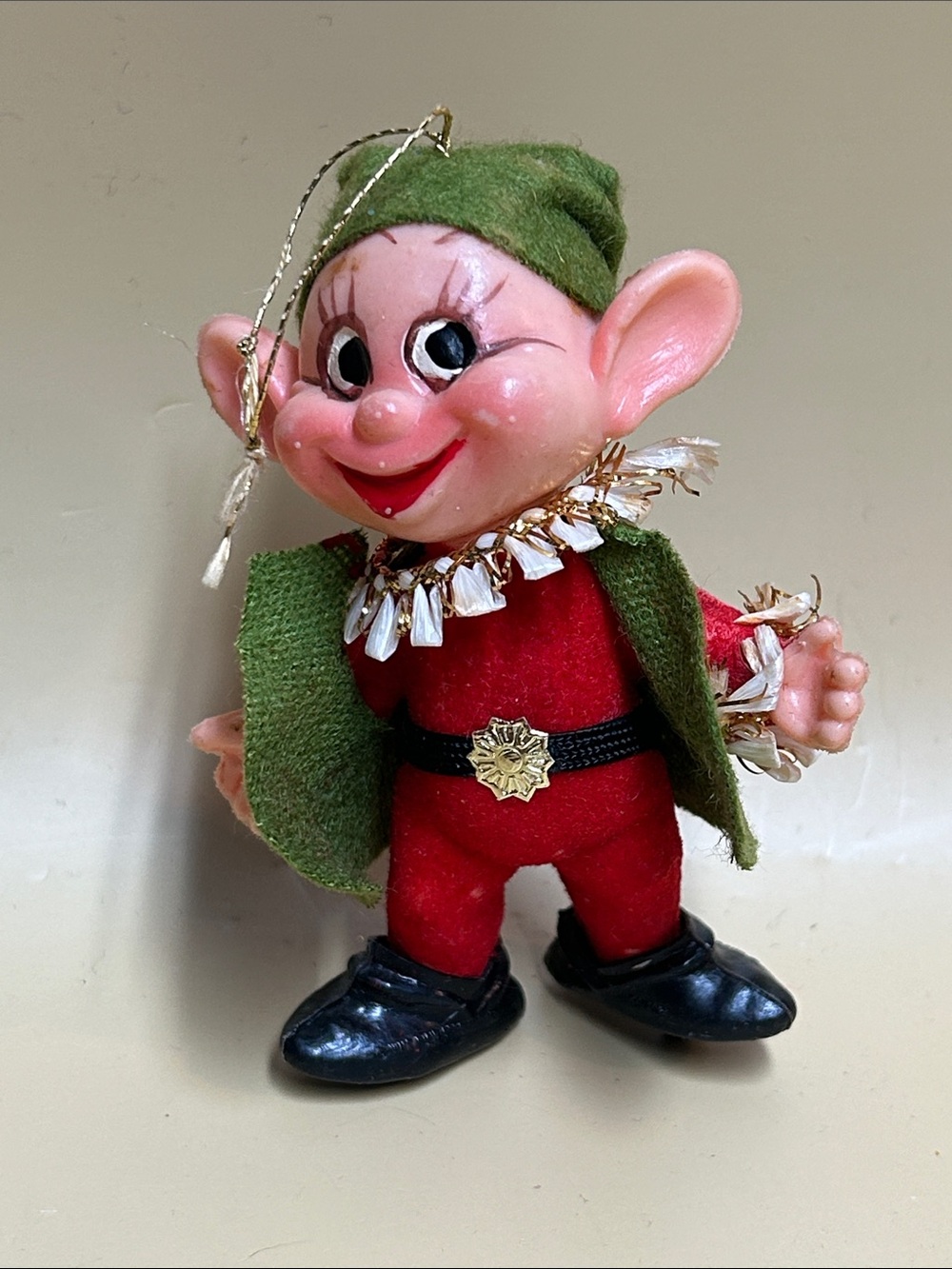 VINTAGE 1950s Elf Pixie Green & Red Felt Outfit Mischievous Handpainted Face